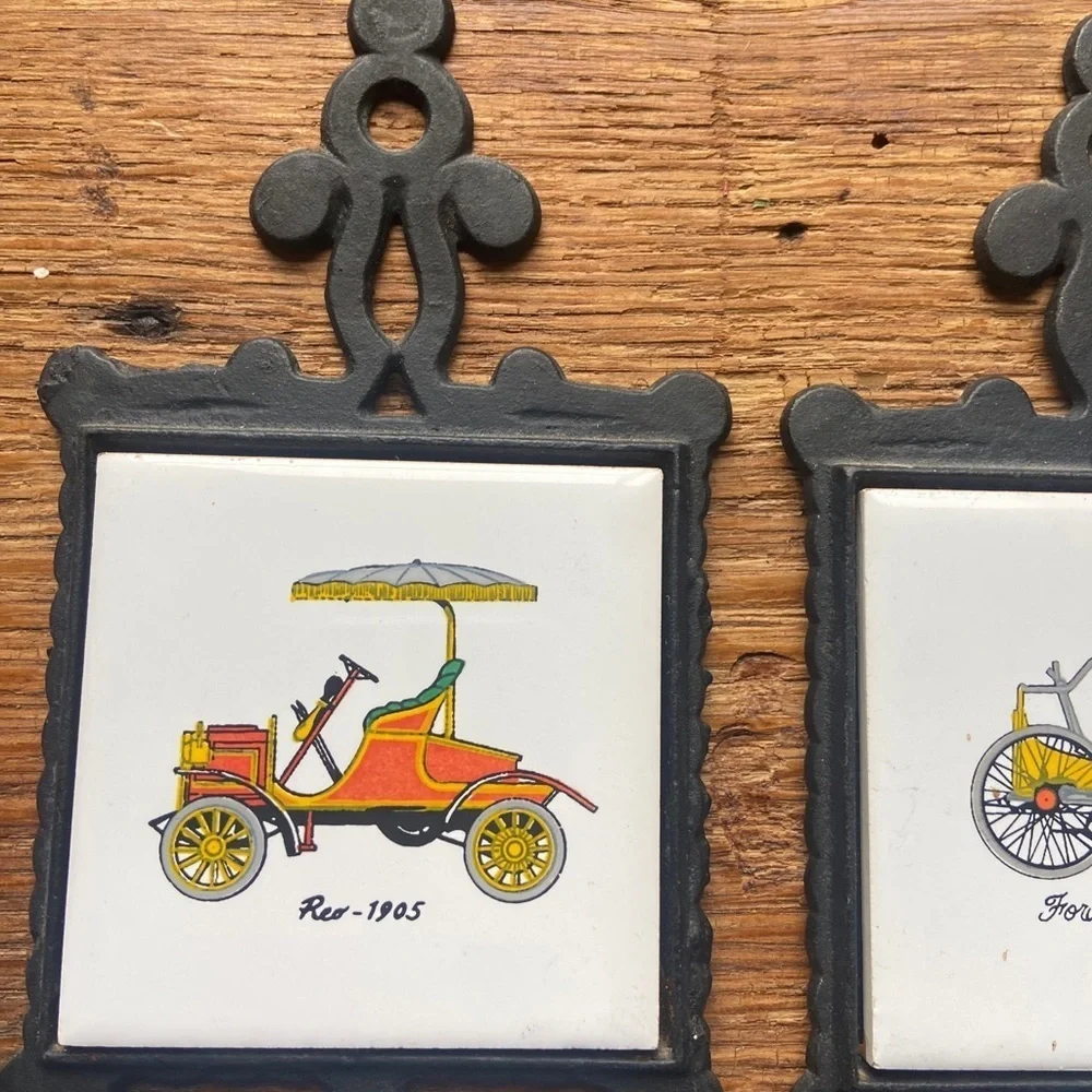 Set of 3 Vintage FORD Auto Car Cast Iron Trivets and Ceramic Tile Small Coasters